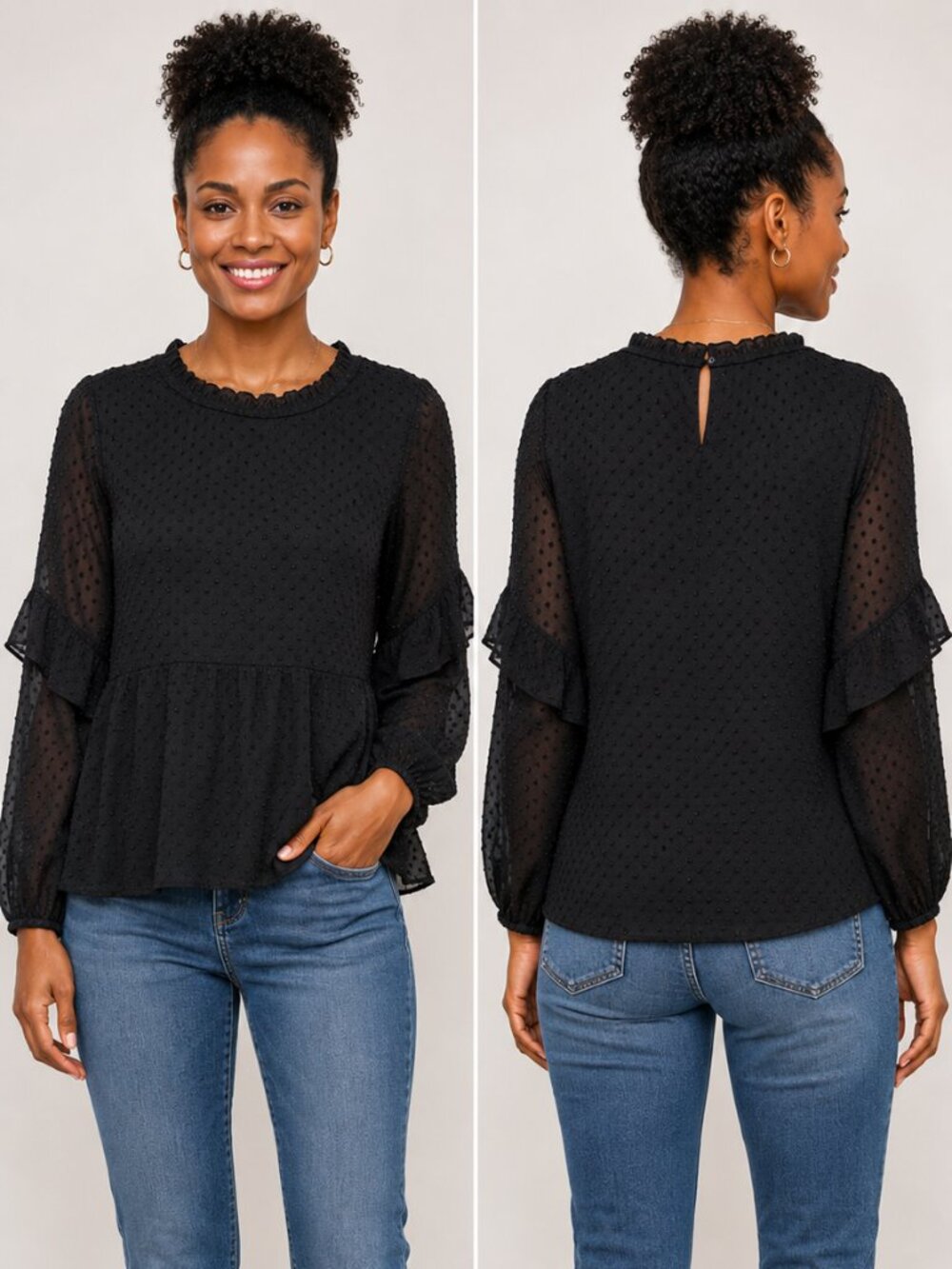Saudra Angelozzi Women’s Black Sheer Polka Dot Top Size Medium Made in Canada